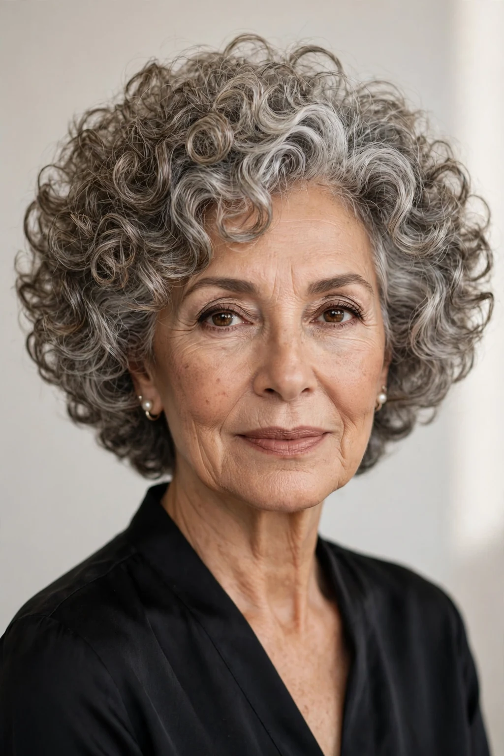 Elegant woman over 60 with voluminous curly crop, big beautiful curls, glamorous light.