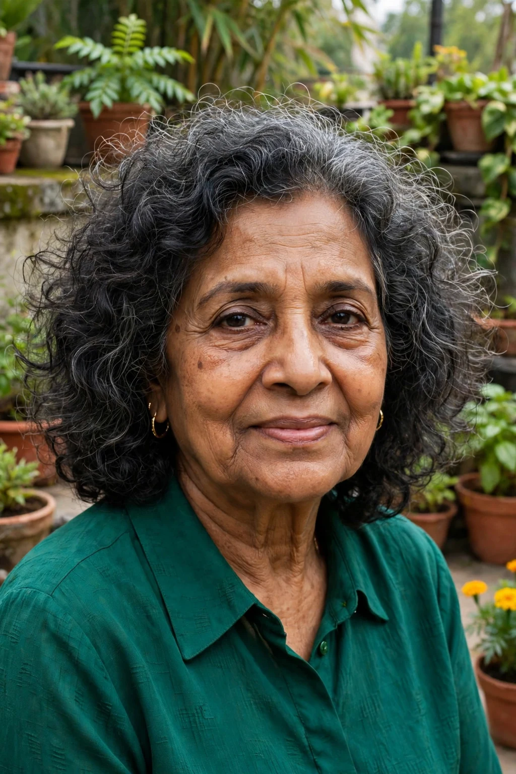 A smiling South Asian woman in her 70s with a voluminous curly lob, wearing a emerald sari blouse, on a terrace garden.