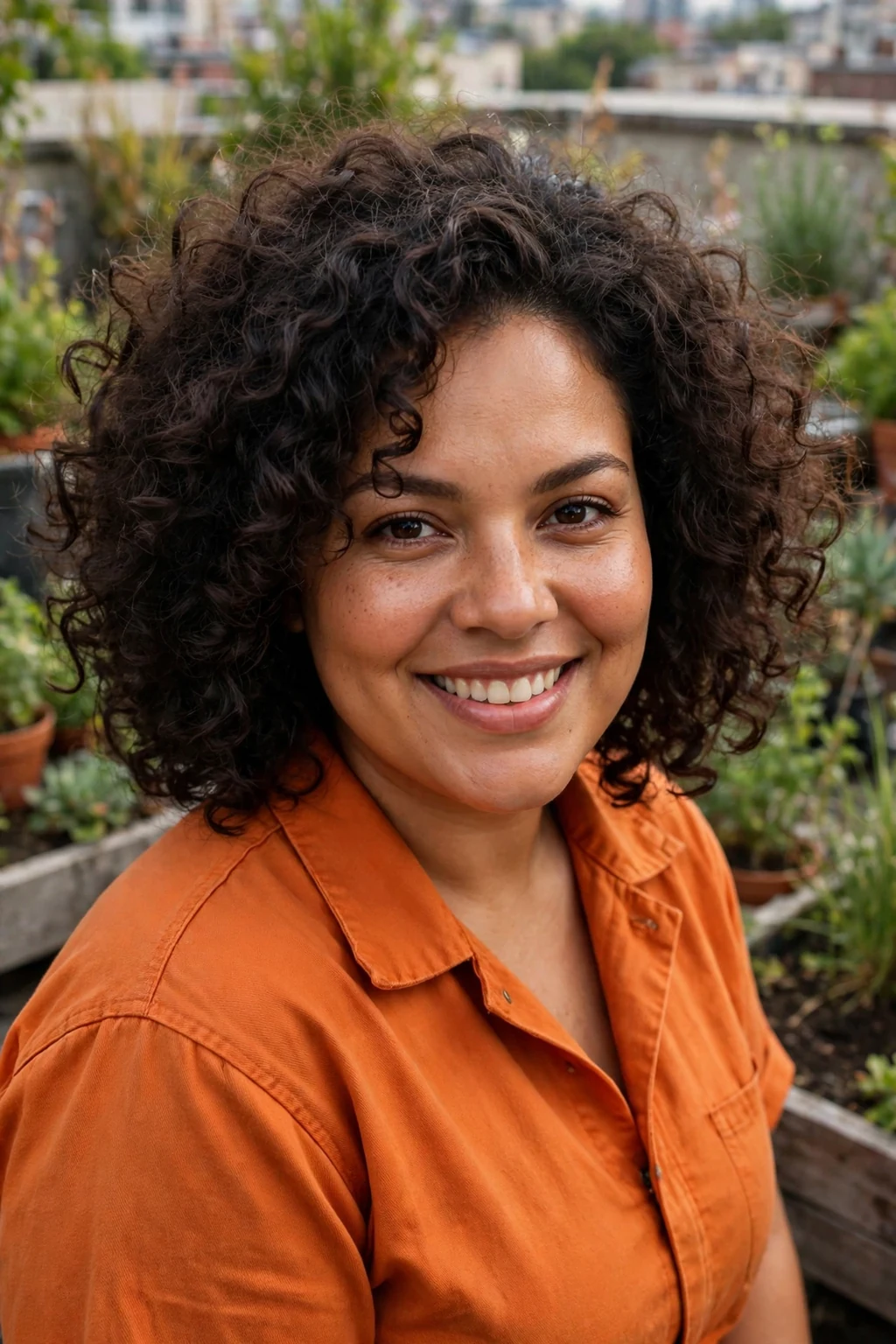Plus-size woman in her thirties with a voluminous curly lob, wearing a orange jumpsuit in a rooftop garden.