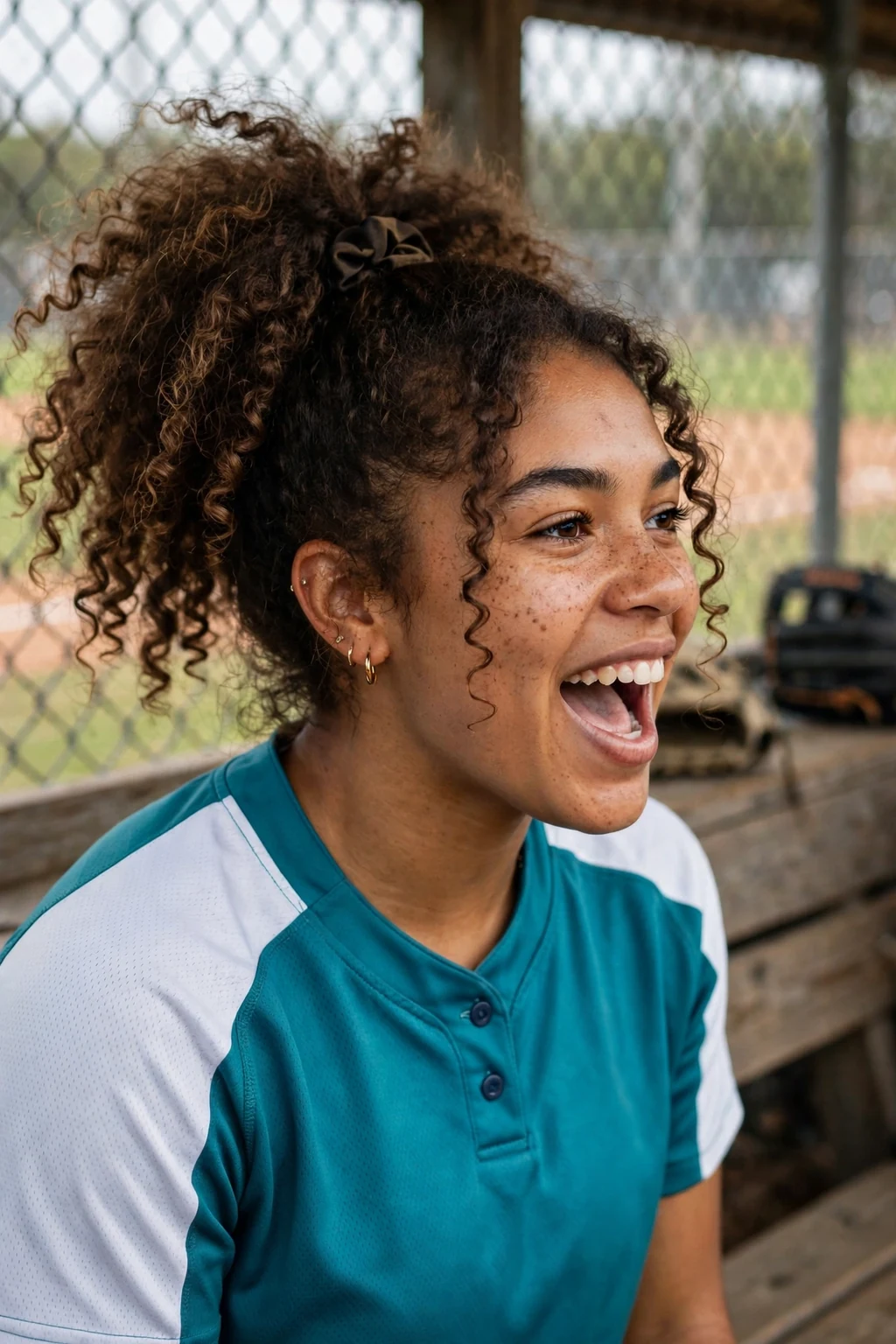 Young softball player with a voluminous curly ponytail, cheering from the dugout.