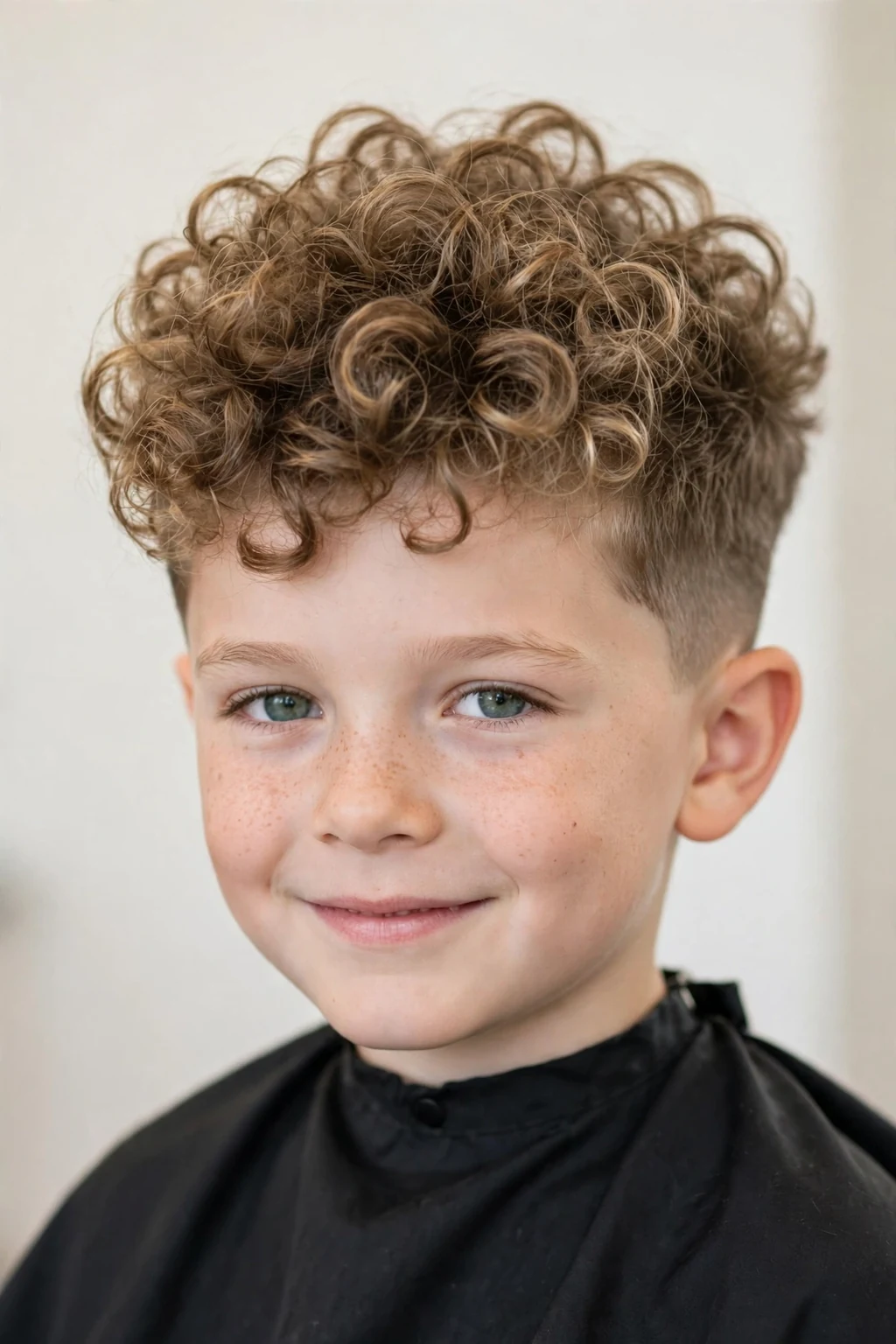 Boy with voluminous curly top, big full curls with height, short sides, radiant lighting.