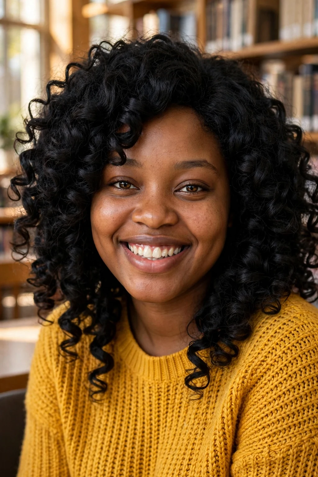 Young woman wearing a voluminous curly black wig with bouncy defined curls.