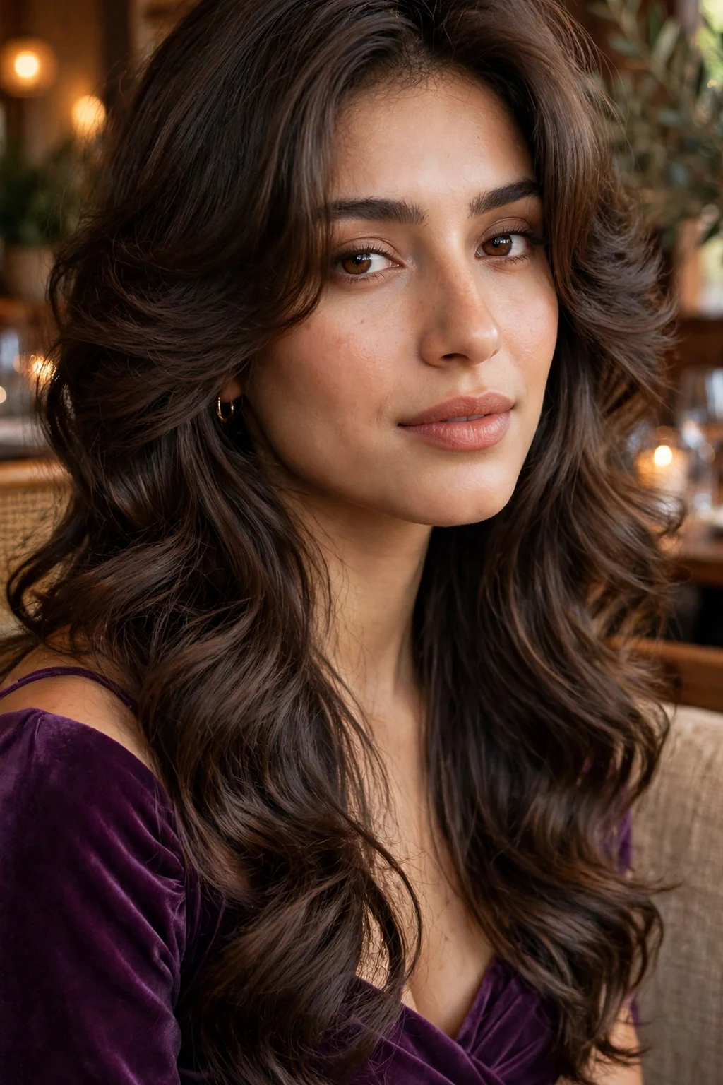 Young woman with a voluminous curtain blowout at a winter evening event.
