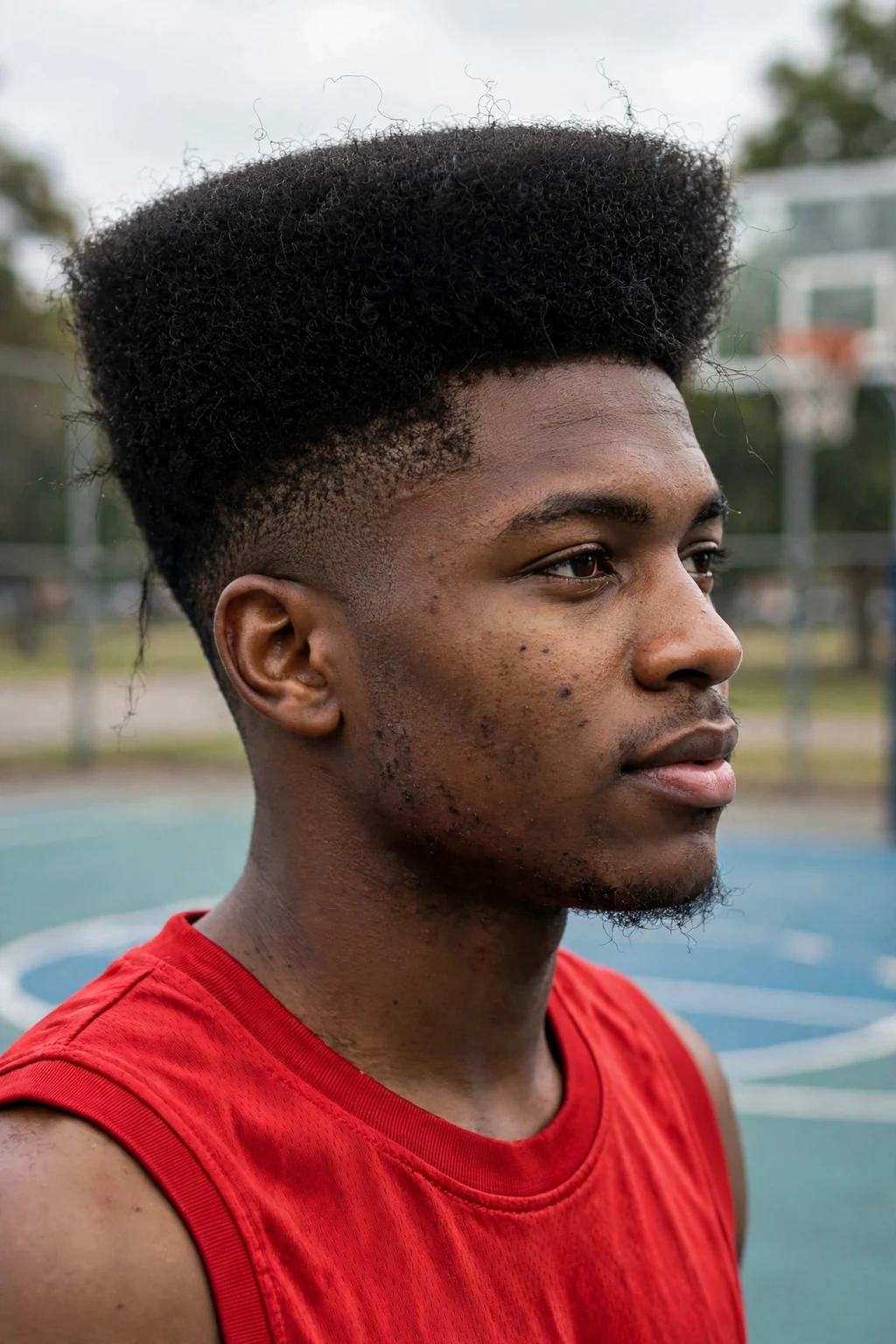 Young Black man with a voluminous flat top for thick hair, standing on a basketball court in a red jersey.