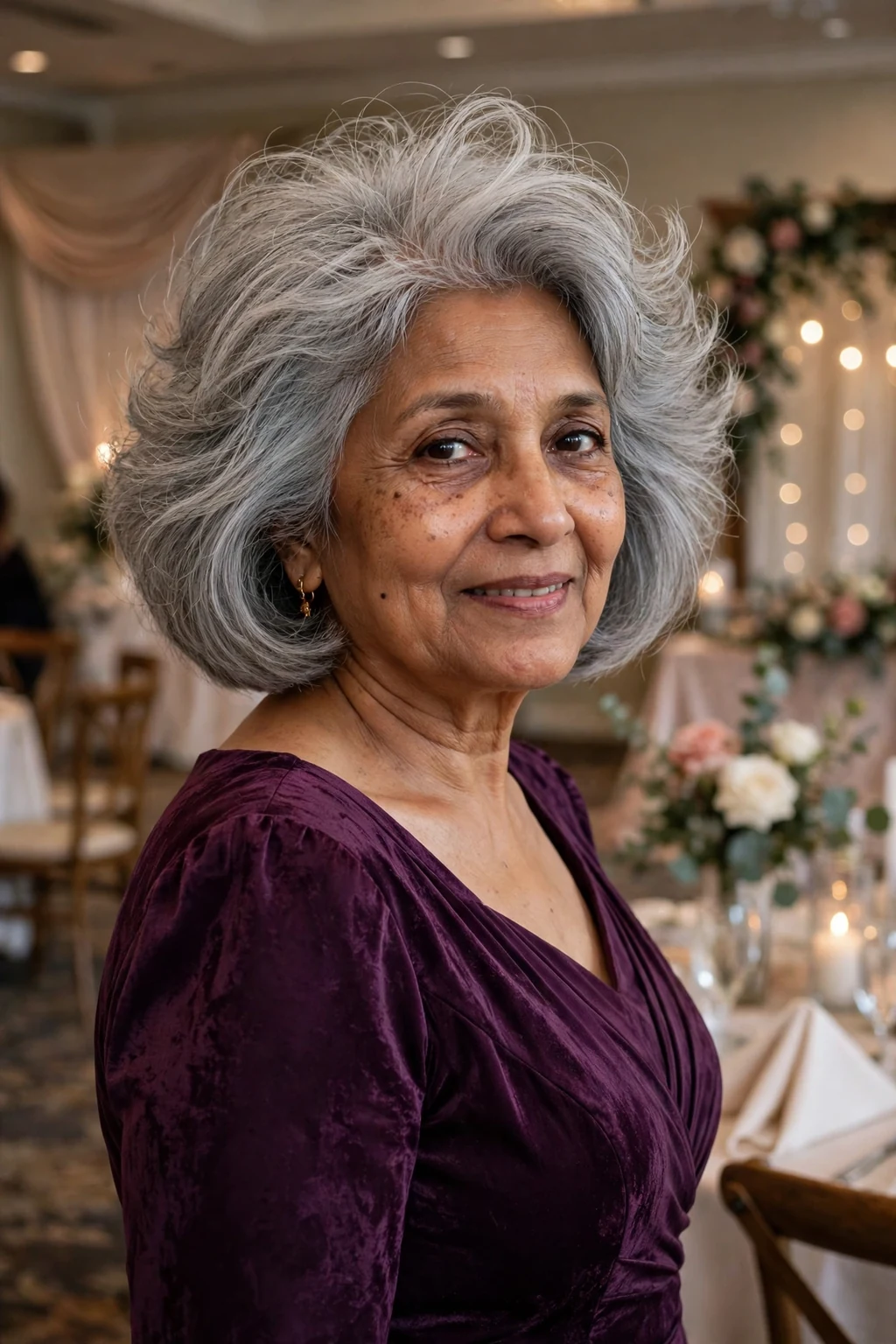 A mature South Asian woman in her sixties with a voluminous gray bob, wearing a plum gown at a wedding reception.