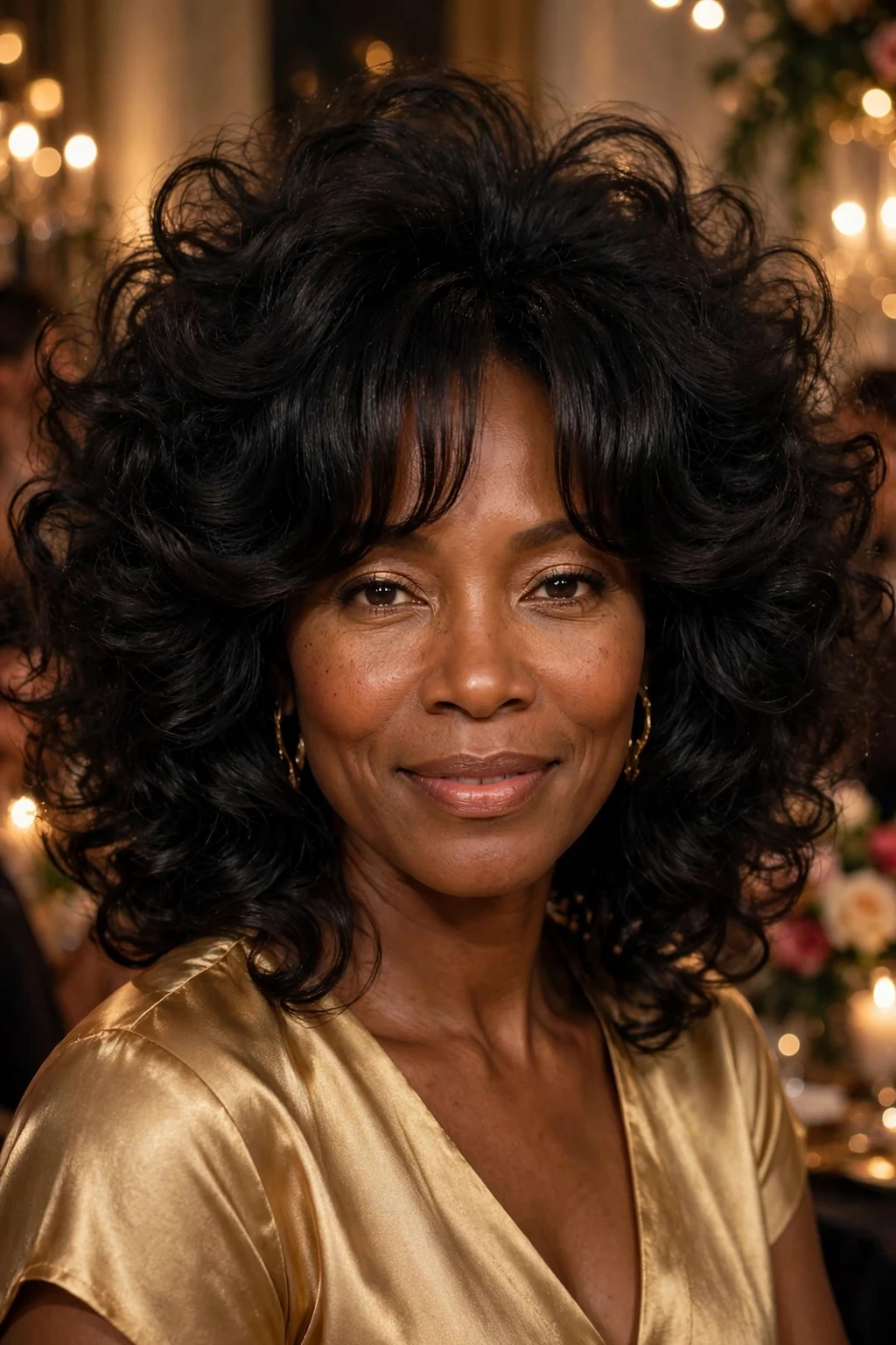 Beautiful woman with curtain bangs and volume, voluminous hair with bangs, rich light.