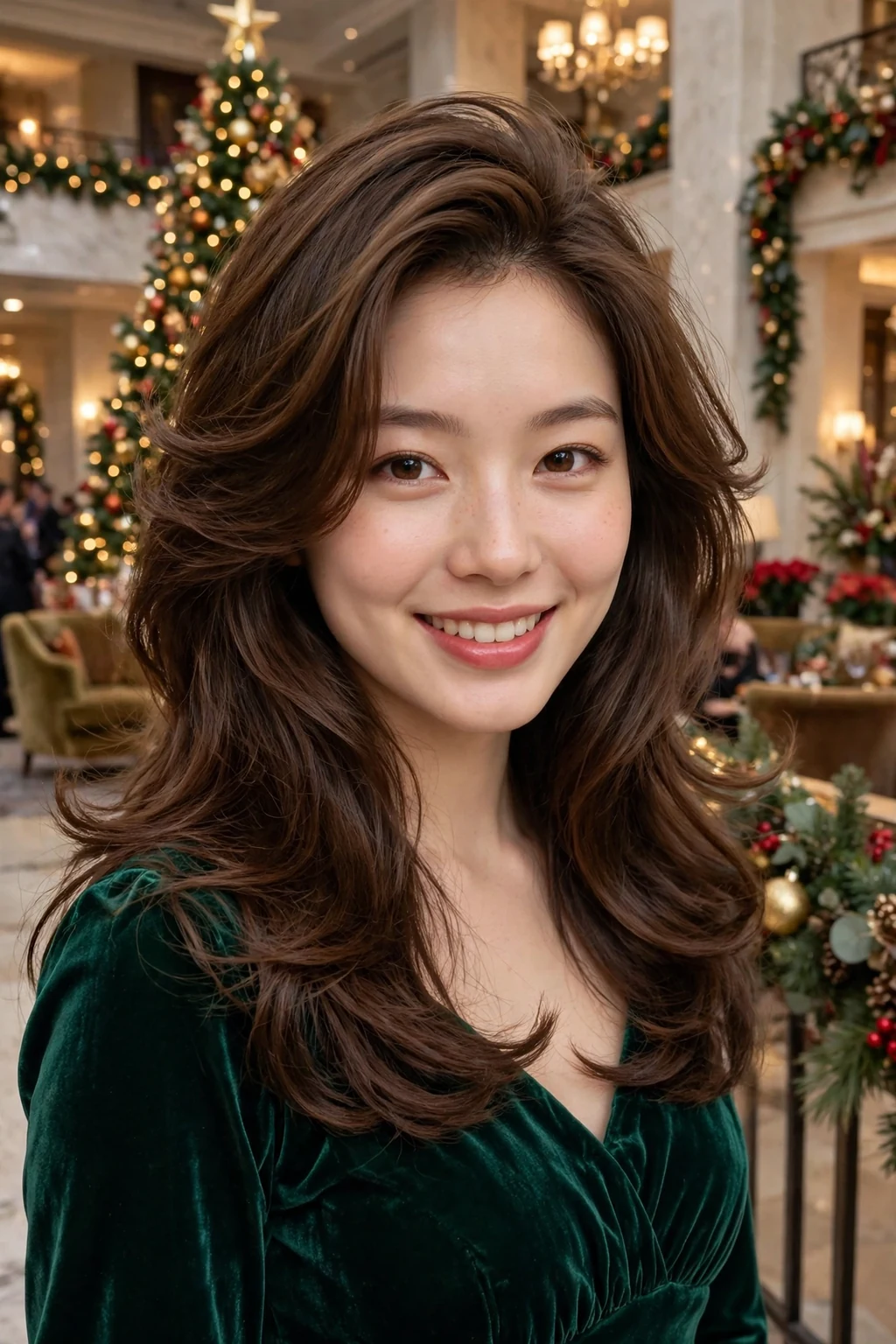 Young woman with a voluminous layered blowout, wearing a emerald velvet dress.