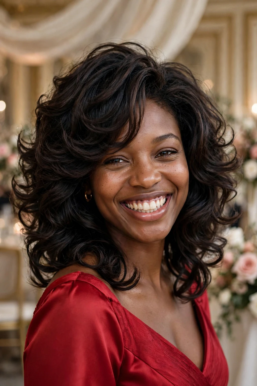 Beautiful woman with voluminous layered cut, bouncy voluminous layers, vibrant light.