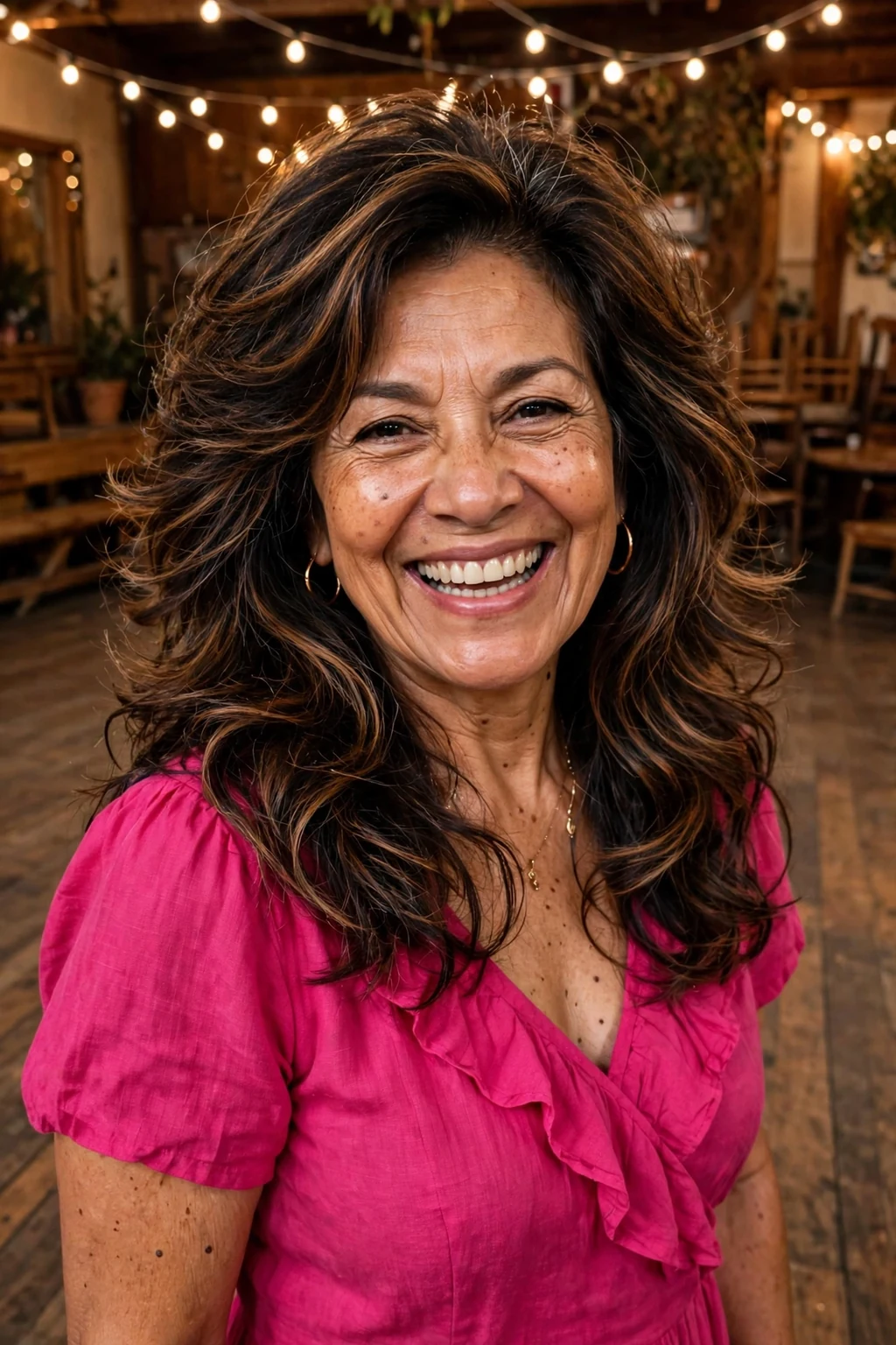Mature Latina woman in her mid-sixties with a voluminous layered haircut, wearing a fuchsia dress in a dance hall.