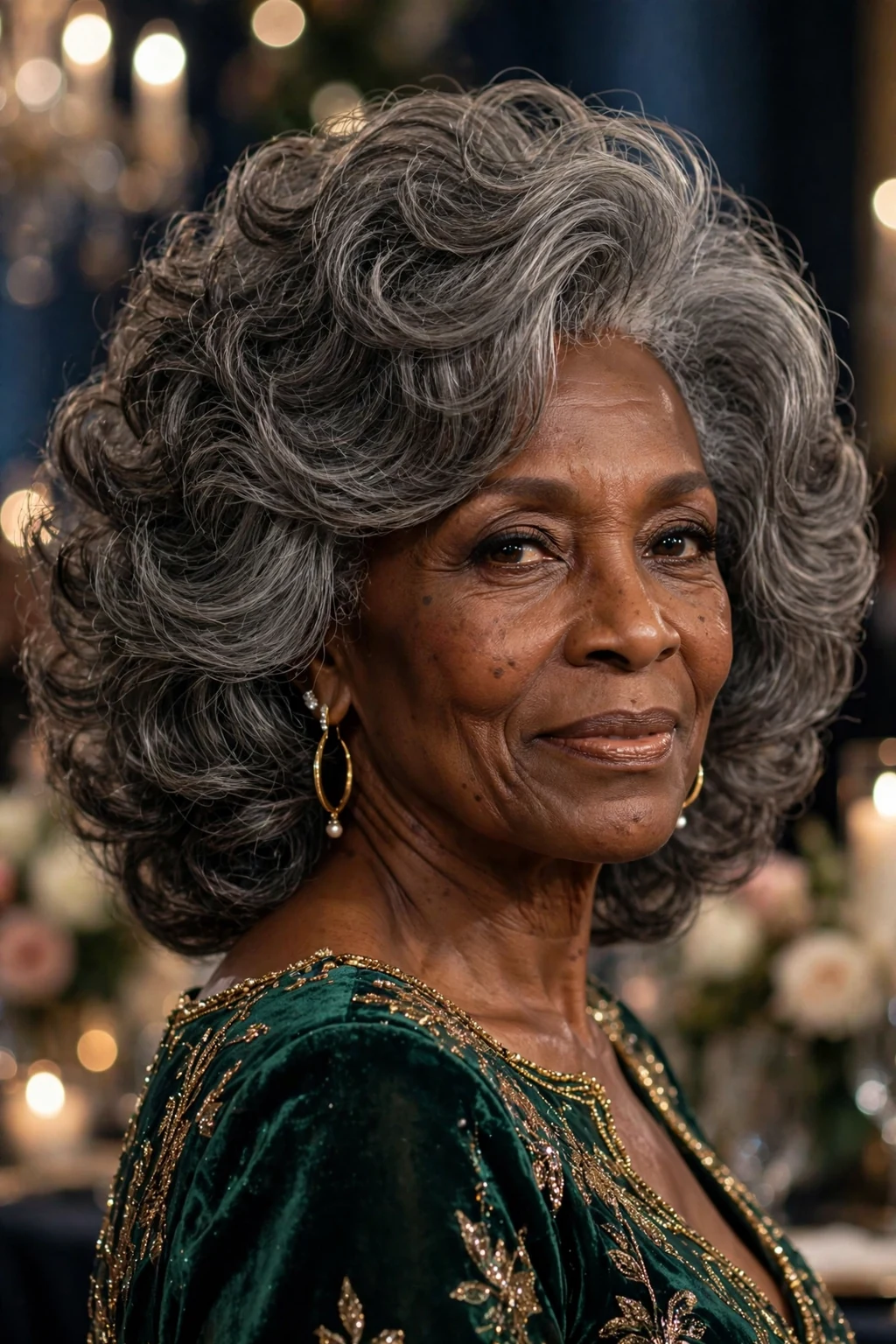 Beautiful older woman with voluminous layers, full voluminous layers, glamorous light.