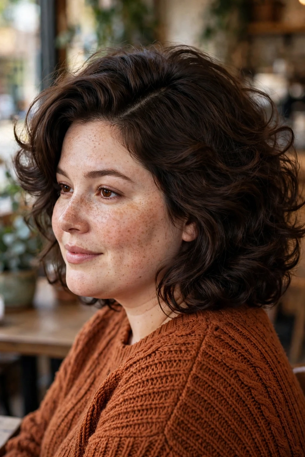 Plus-size woman in her late twenties with a voluminous side-parted lob, wearing a rust knit sweater in a cozy cafe.