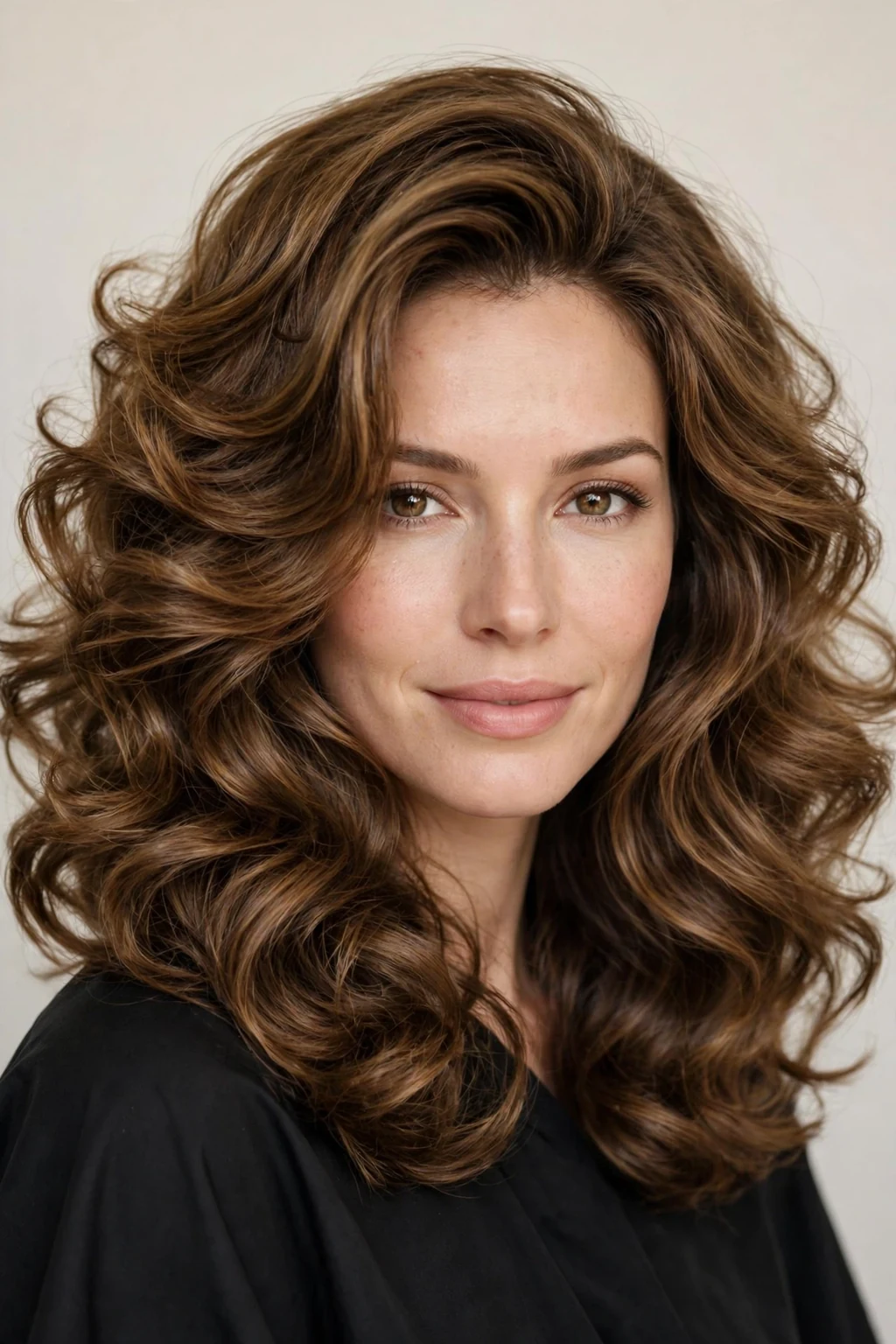 Woman with voluminous lob, full bouncy body, glamorous light.