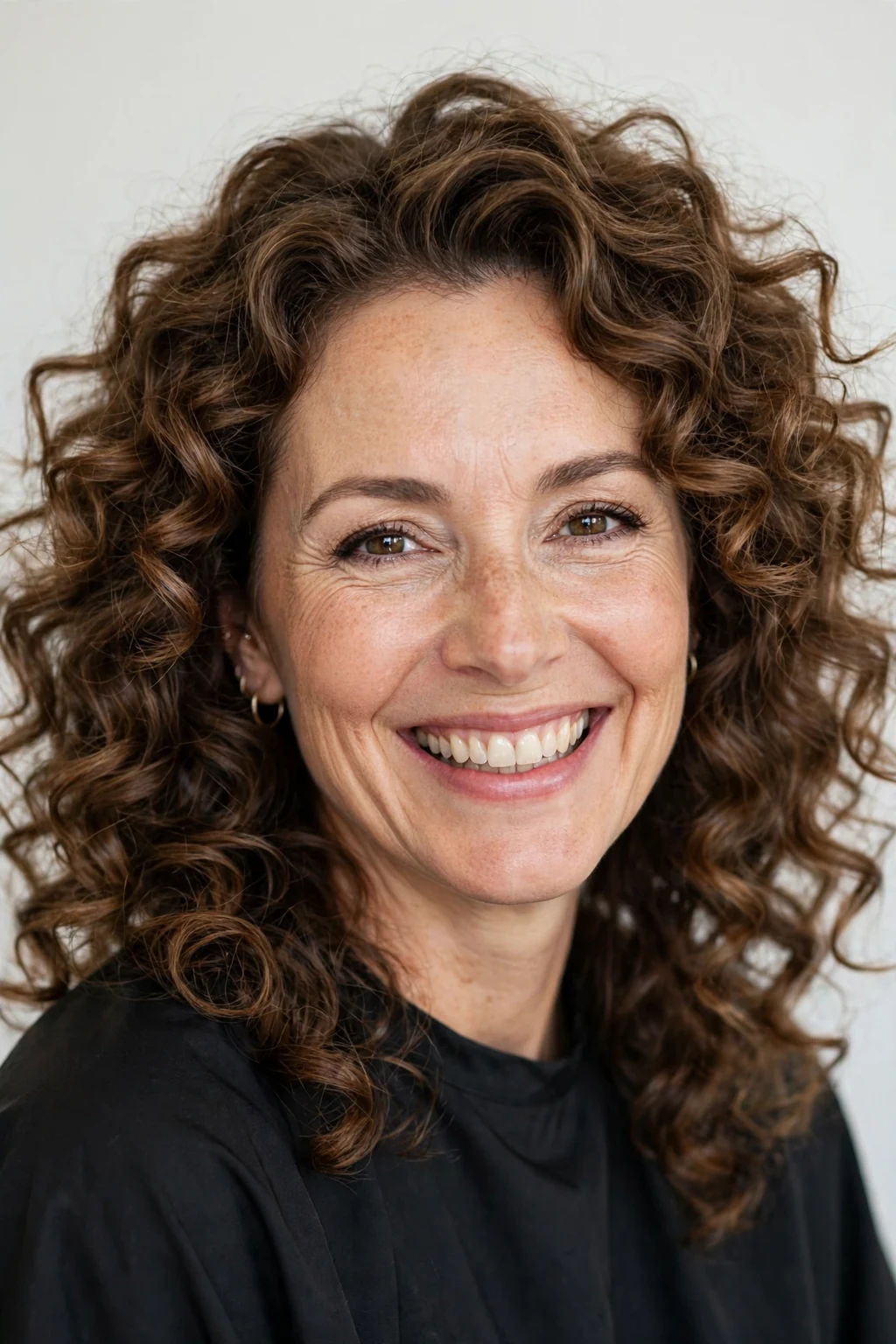 Woman over 40 with voluminous medium curls, bouncy full curls, joyful light.