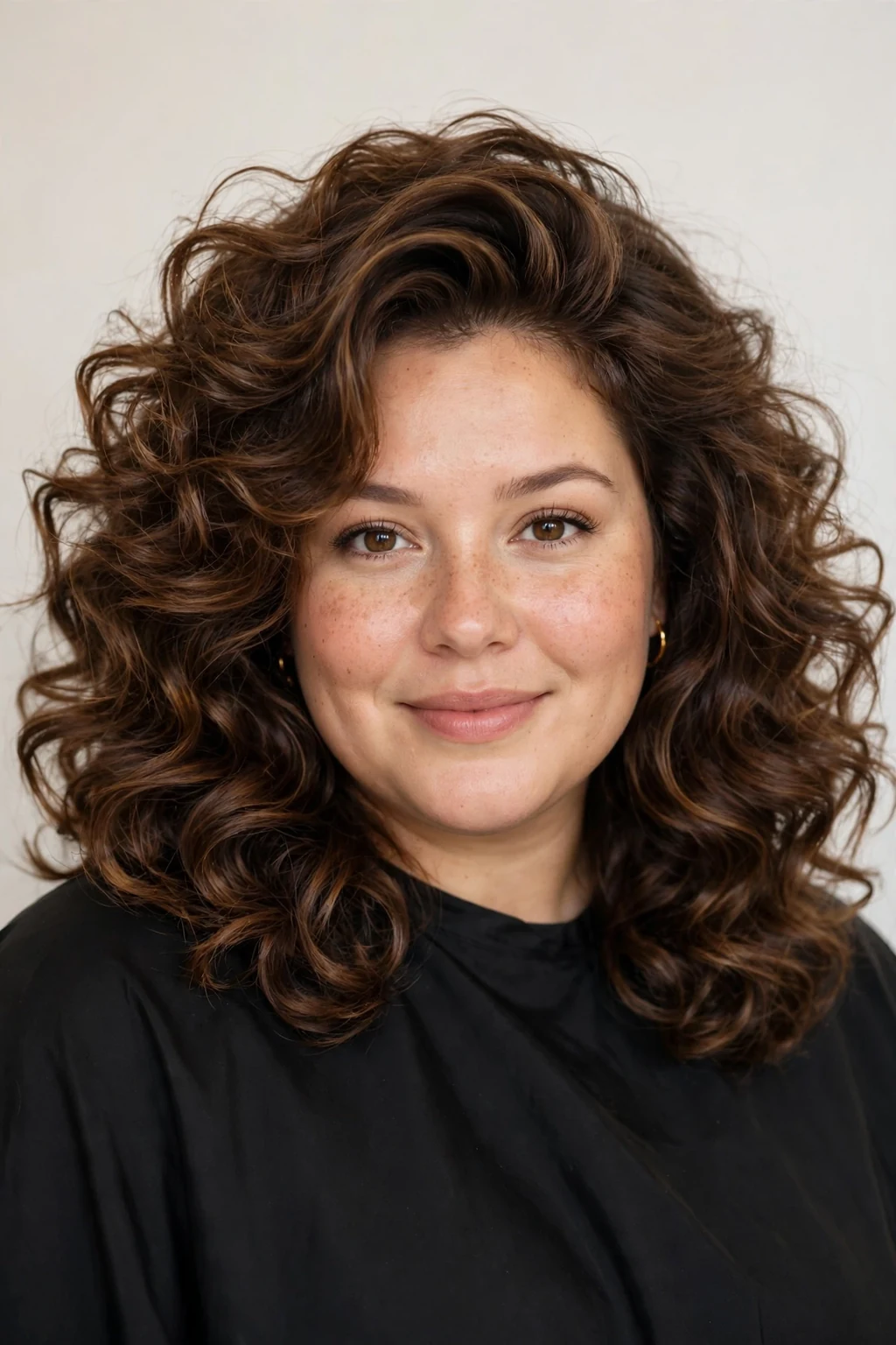 Woman with voluminous medium cut, big bouncy body, glamorous light.