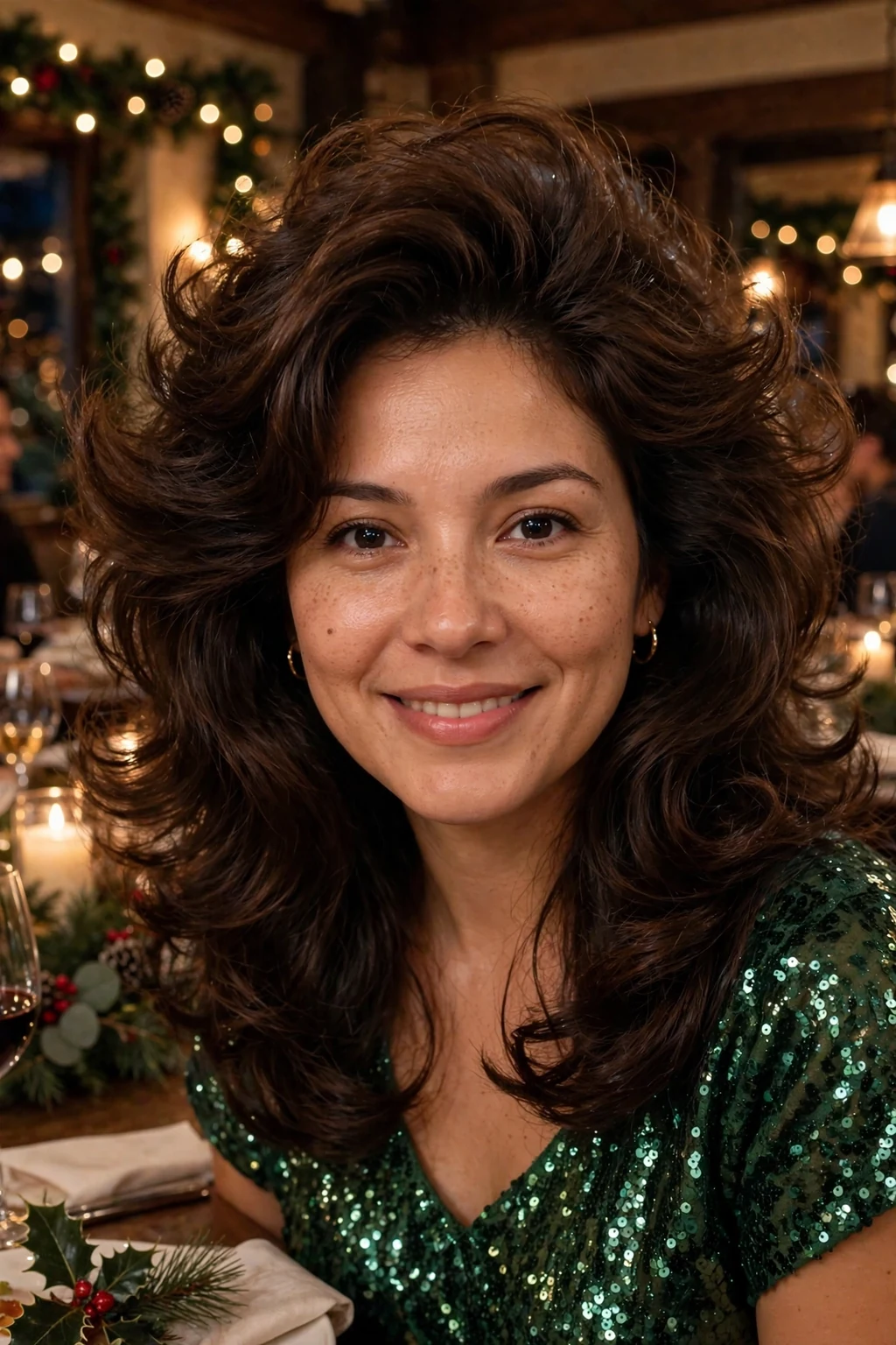 A young woman with a voluminous bouncy blowout at a holiday gathering, wearing a forest-green sequin top.