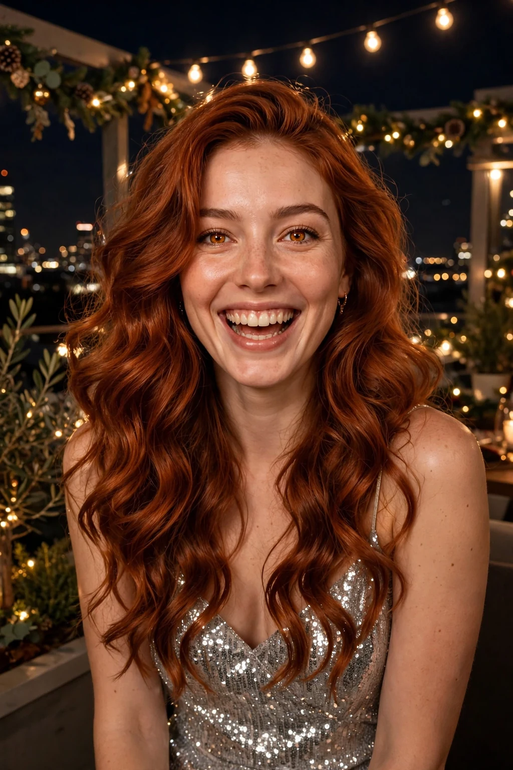 Young woman with voluminous party waves, wearing a silver sequin dress at a glamorous rooftop party.