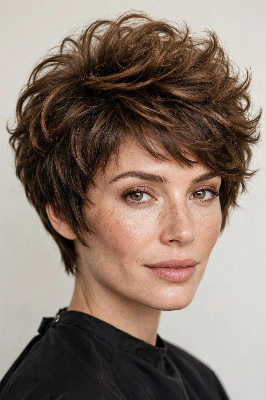 Woman with voluminous pixie bob, big bouncy crown height, glamorous light.