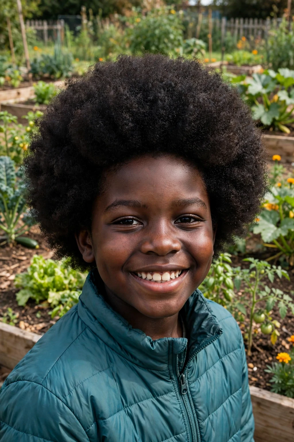 A proud 8-year-old Black boy with a big voluminous rounded afro, wearing a teal jacket in a community garden.