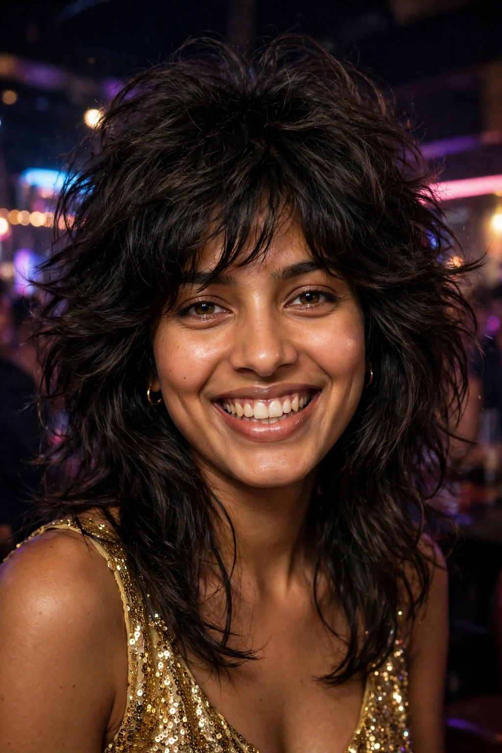 Beautiful woman with voluminous shag cut, bouncy voluminous shag, vibrant light.