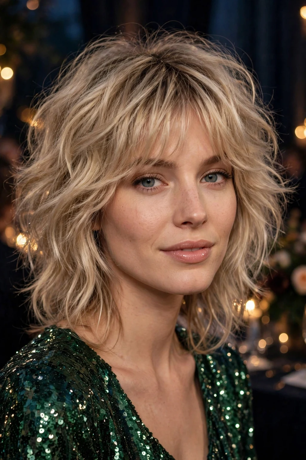 Beautiful woman with fine hair and voluminous shag, bouncy voluminous shag, glamorous light.