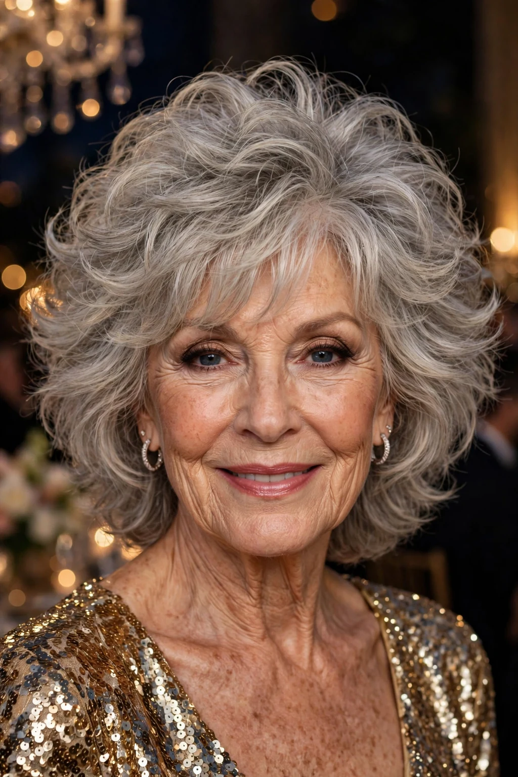 Beautiful woman over 60 with voluminous shag, bouncy voluminous shag, glamorous light.