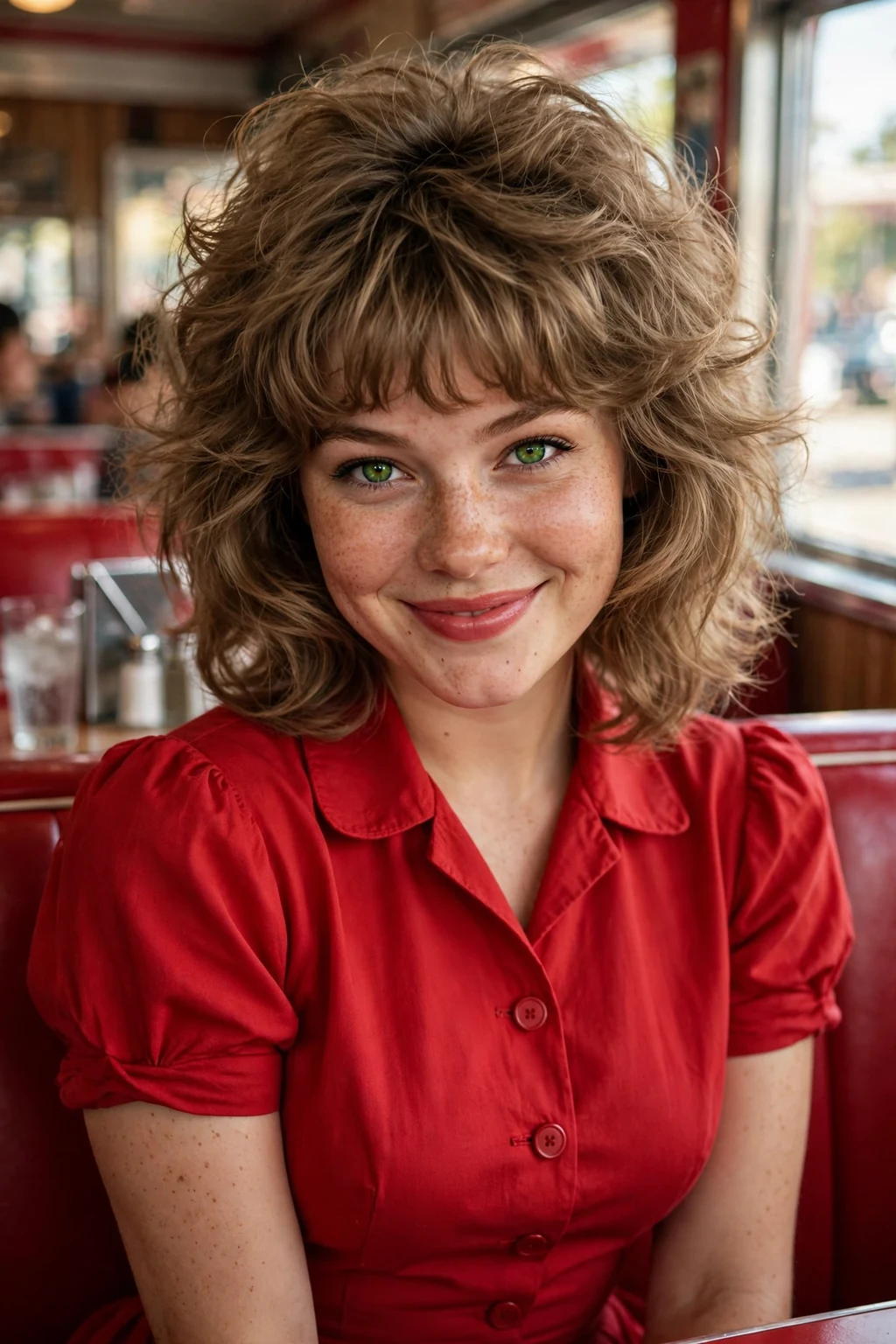 A young woman with a voluminous shag and Bardot bangs, sitting in a retro diner booth.