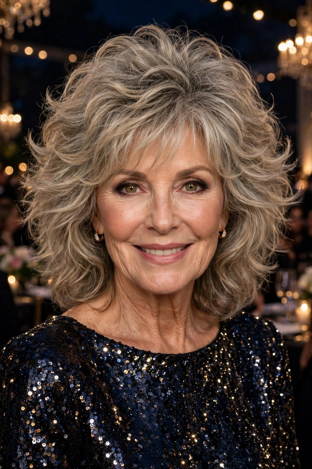 Beautiful woman over 50 with voluminous shag, bouncy voluminous shag, glamorous light.