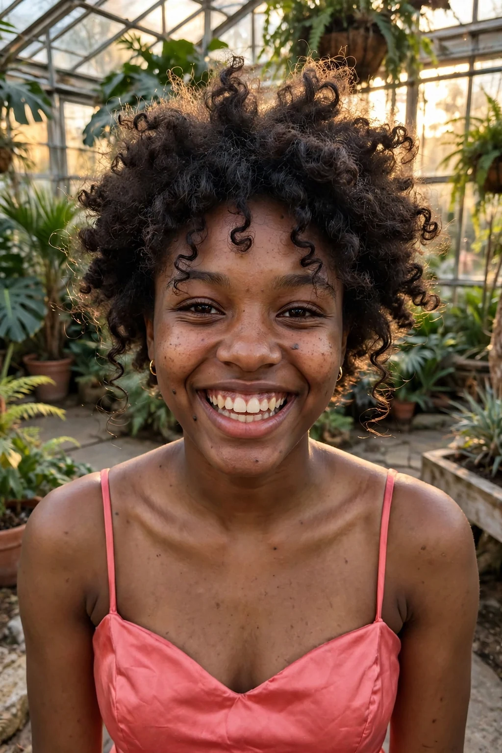 Young woman aged 18 to 20 with voluminous short curls hairstyle for prom, a botanical garden greenhouse at golden hour.