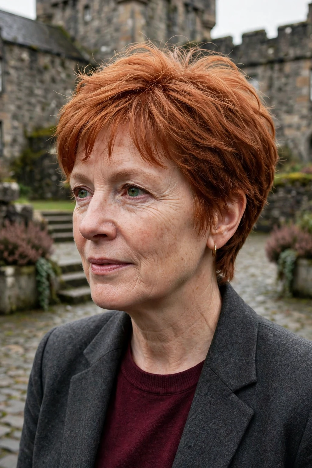 Mature woman over 50 with a voluminous short cut with crown layers haircut for fine thin hair, styled and full of volume.