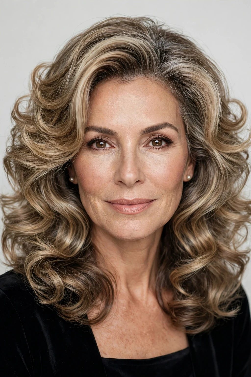 Elegant older woman with voluminous shoulder style, full bouncy body, glamorous light.