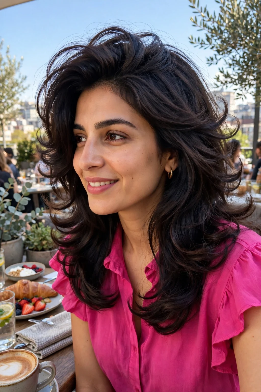 Young woman with a voluminous spring blowout and bouncy ends, at a rooftop brunch wearing a fuchsia blouse.