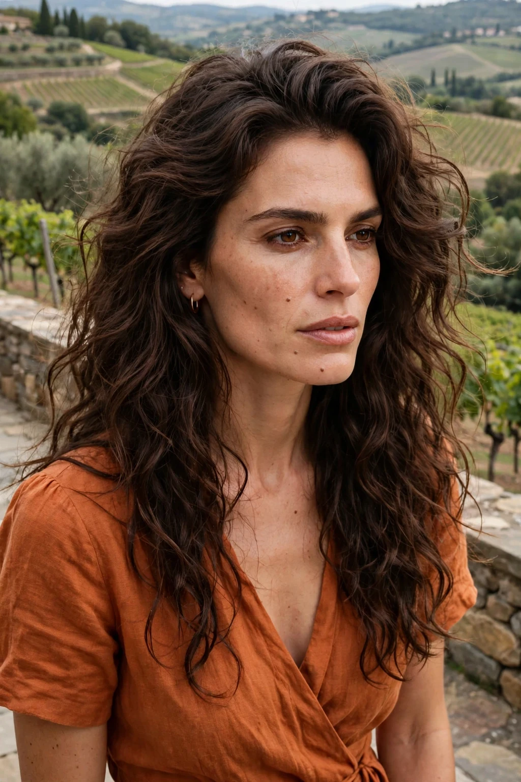Young woman with voluminous wavy layers and big bouncy hair.