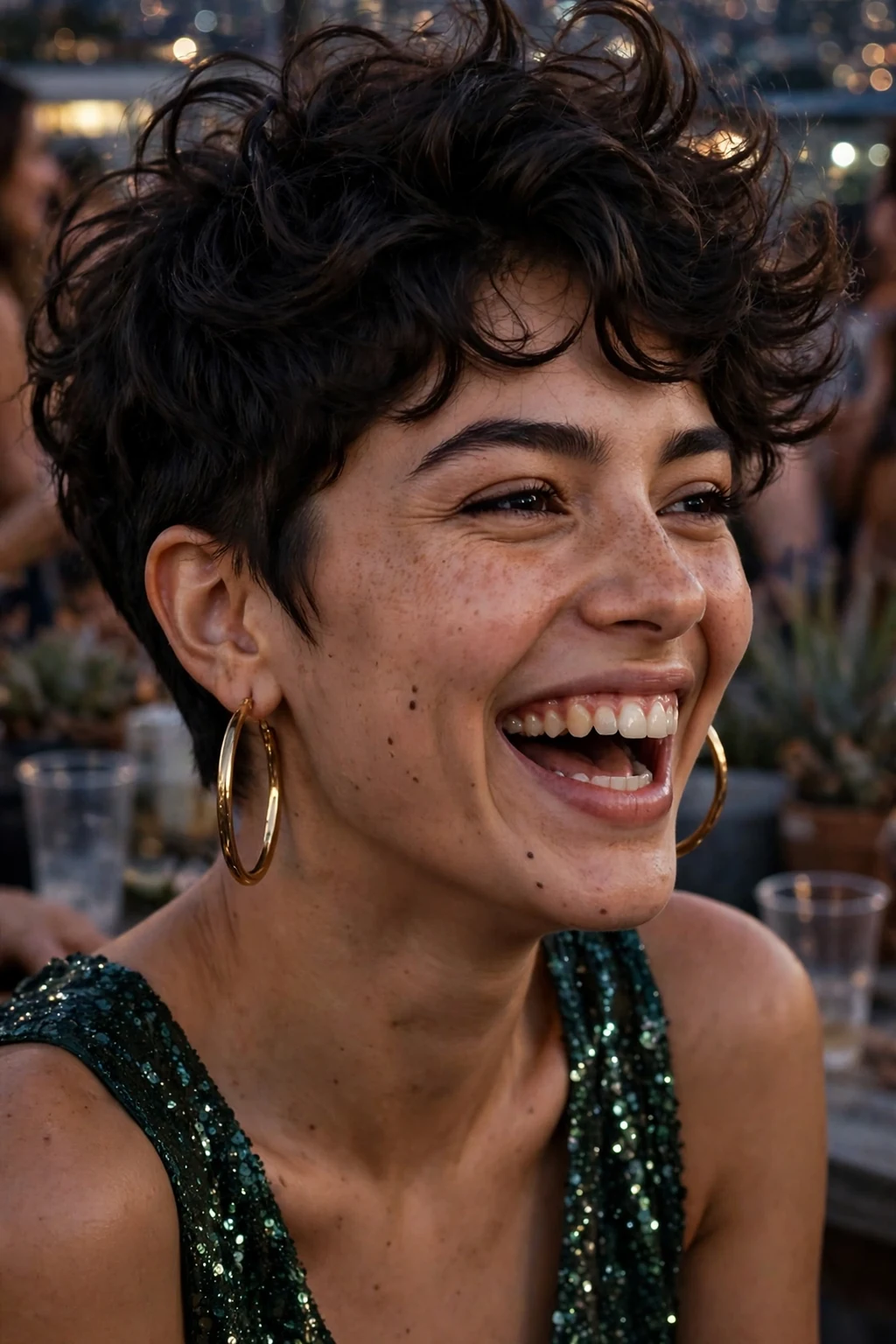 A young woman with a voluminous wavy pixie haircut, big lifted waves with short tapered sides.