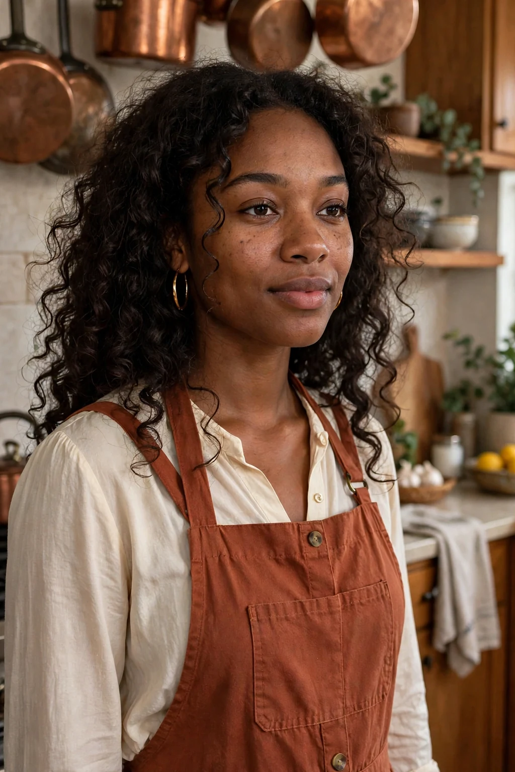 Young woman with voluminous dark witch curls in a kitchen wearing a rust-colored apron dress.