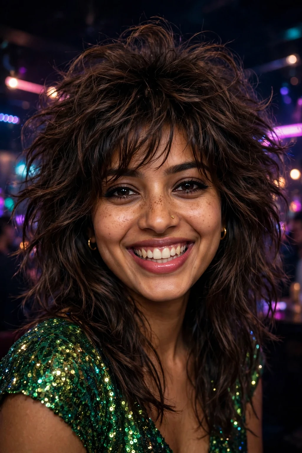 Beautiful woman with voluminous wolf cut, bouncy voluminous wolf, vibrant light.