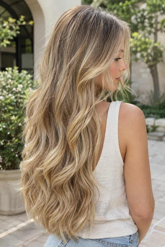 Long, airy layered warm blonde balayage hair with darker roots and honey, beige, and golden blonde tones, shown from a three-quarter back view outdoors.
