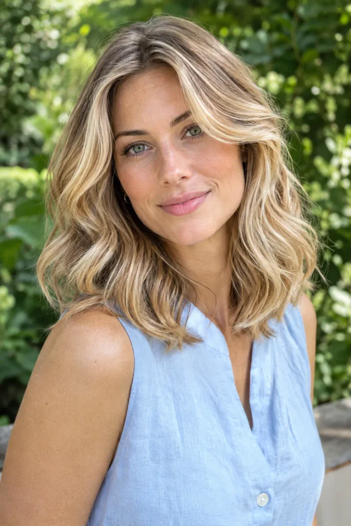 Warm blonde layered waves with golden honey face-framing highlights on a woman wearing a light blue linen blouse outdoors.