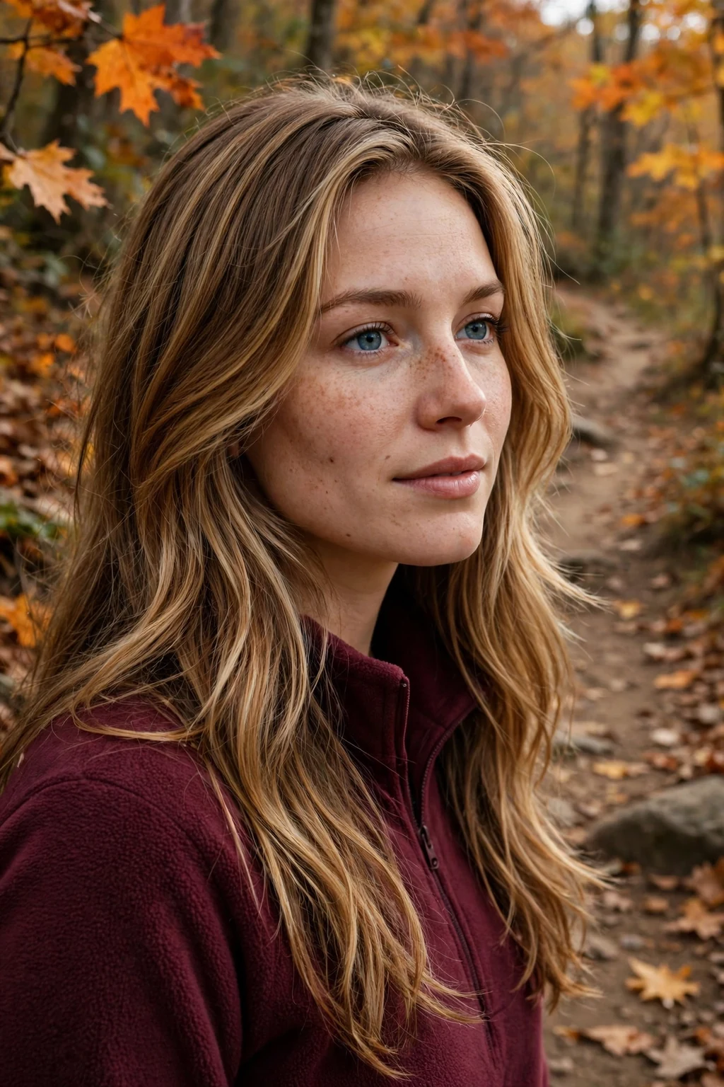 Young woman with warm bronde long layers, hiking on an autumn trail wearing a maroon fleece.