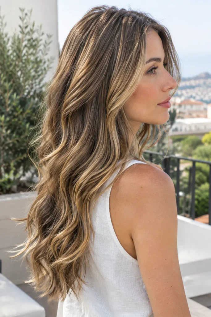 Long layered warm bronde hair with soft golden blonde ribbons and brighter face-framing highlights, styled in loose glossy waves on a woman wearing a white linen top on a sunlit European terrace.