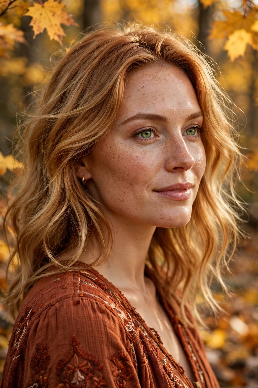 Beautiful woman with warm copper blonde hair color, coppery golden blonde tones, vibrant light.