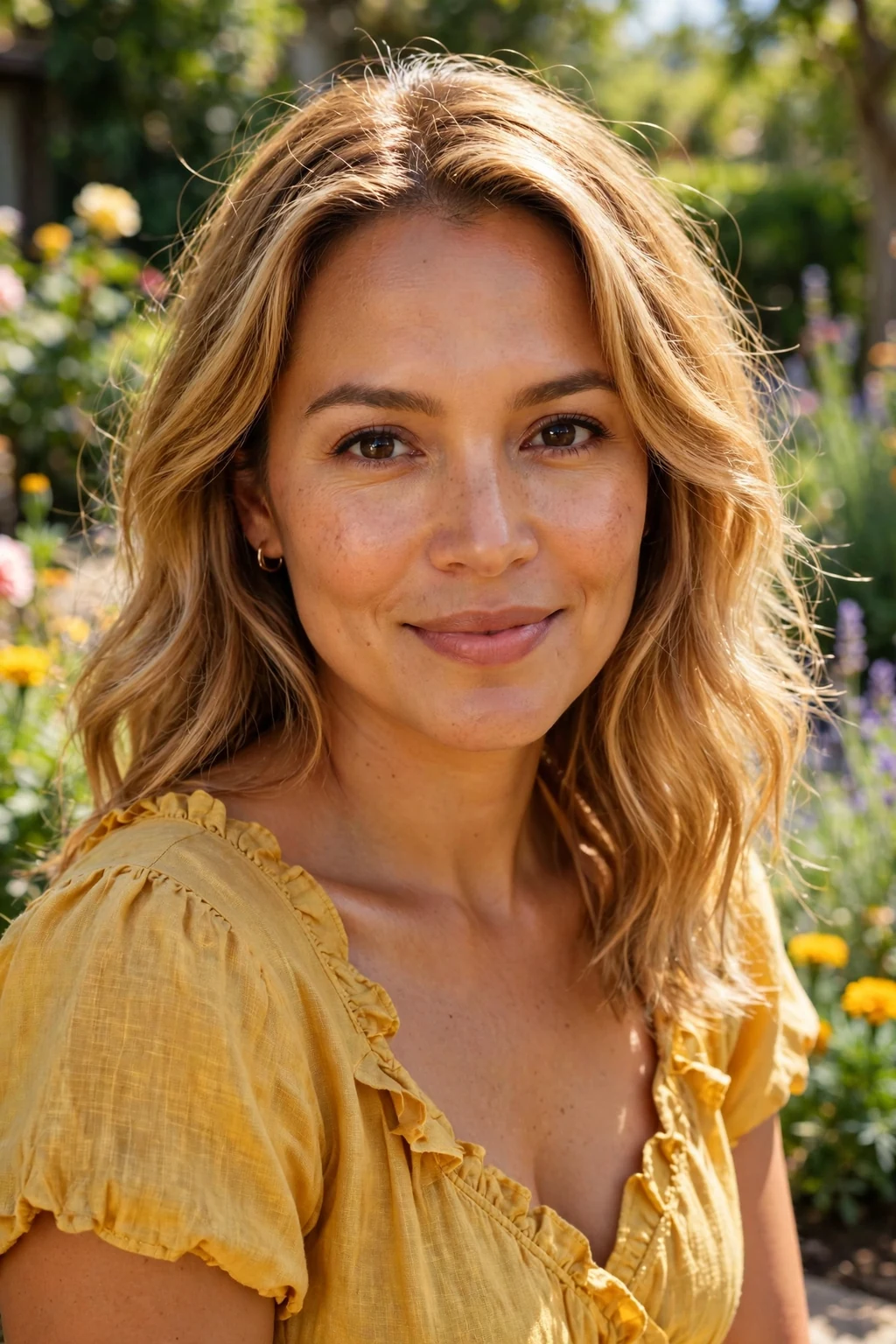 Beautiful woman with warm honey blonde, golden honey blonde tones, warm light.