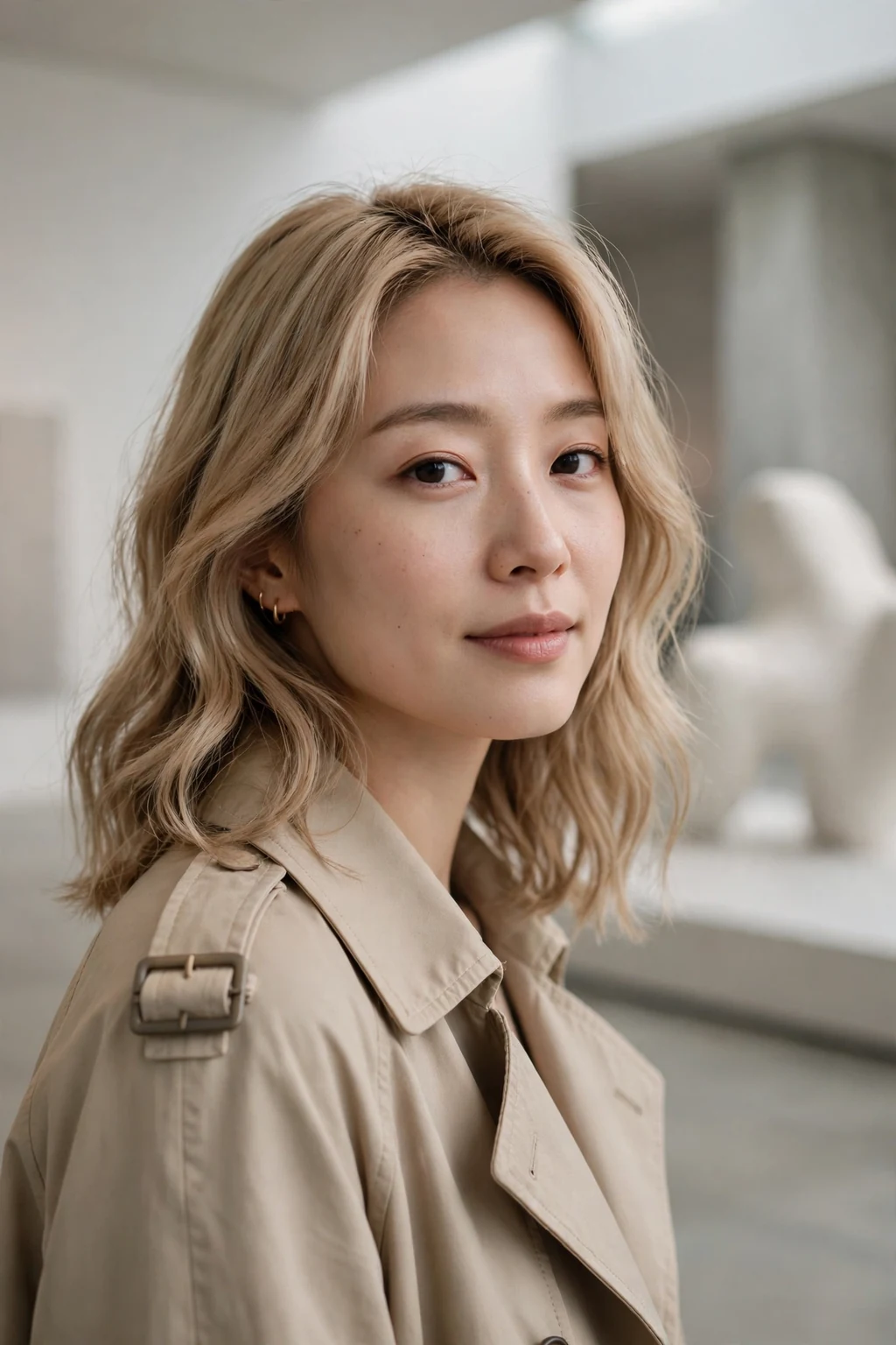 Beautiful woman with warm nude blonde hair color, soft nude beige-blonde tones, minimalist light.