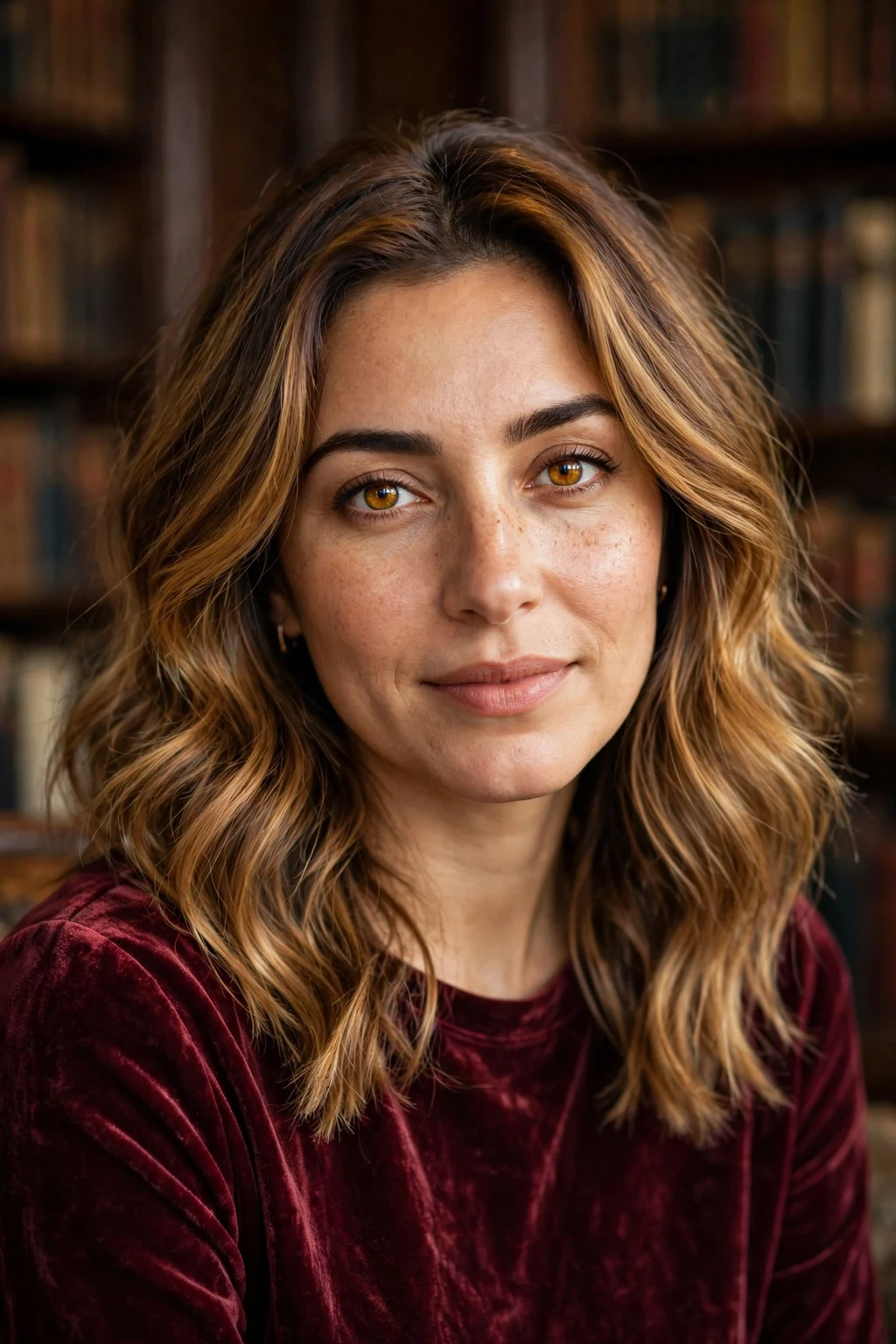 Beautiful woman with warm toffee balayage hair color, rich toffee golden tones, refined light.