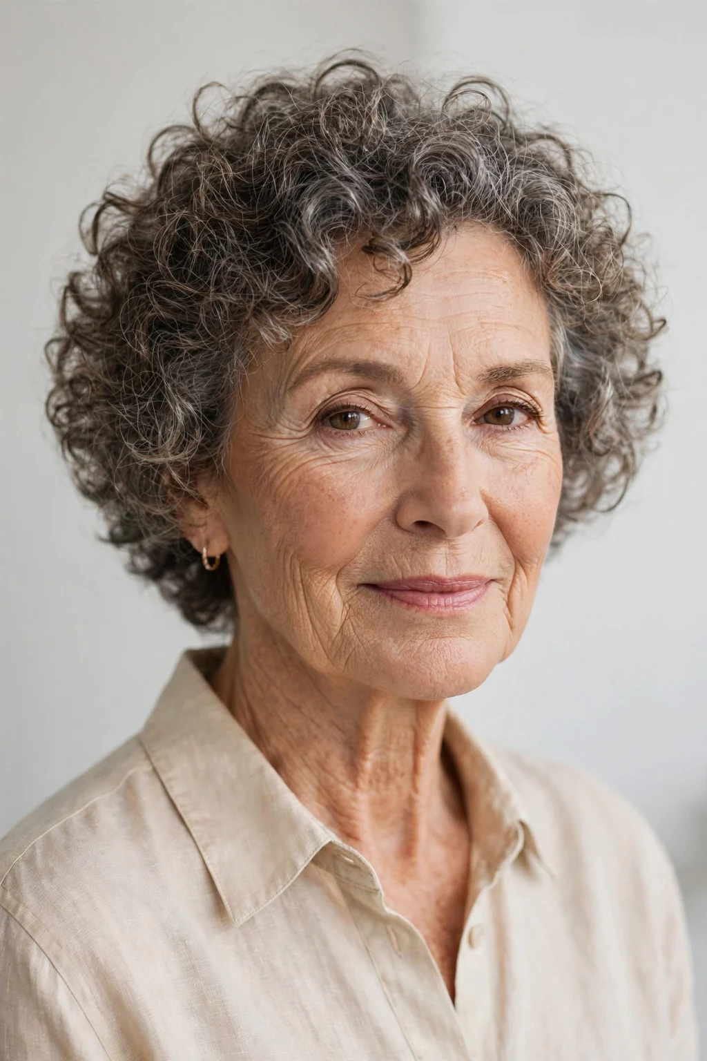 Elegant woman over 60 with wash-and-go curls, natural effortless texture, fresh light.