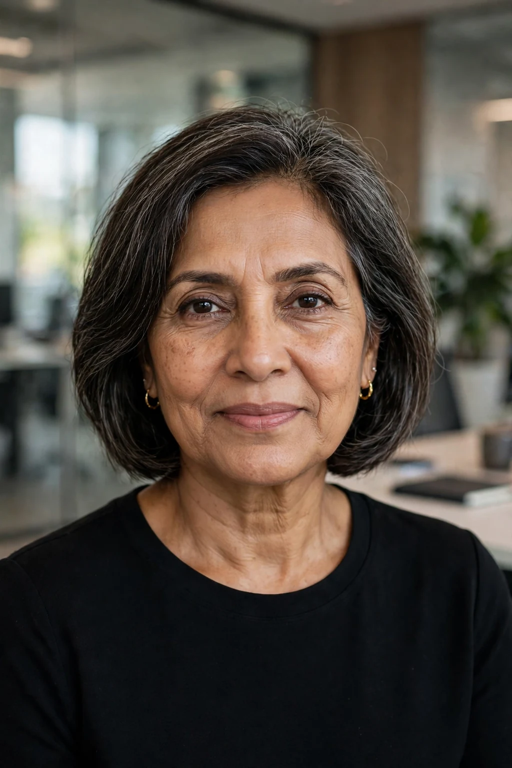 Beautiful older woman with wash-and-wear lob, simple long bob, polished light.