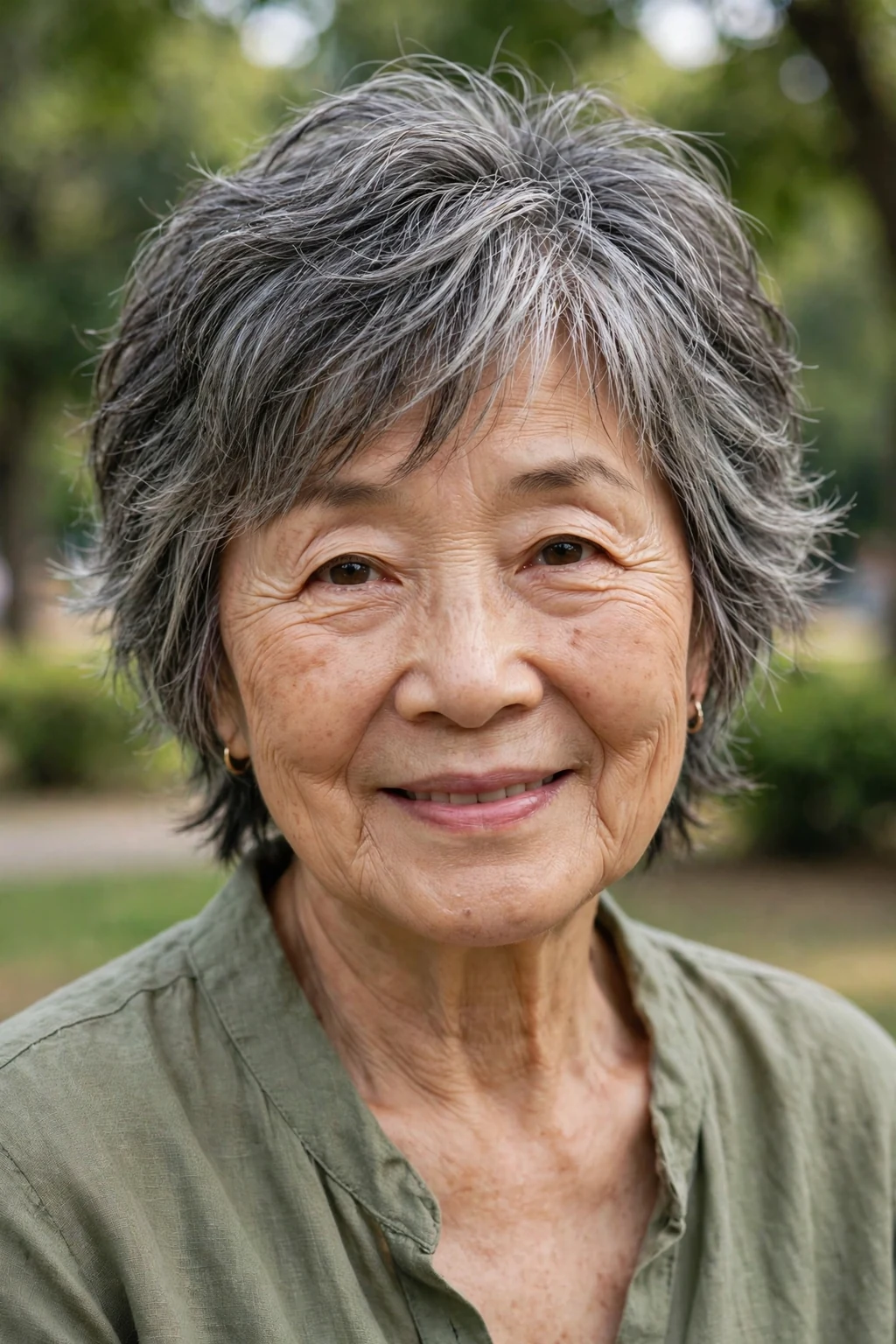 Beautiful older woman with wash-and-wear shag, textured easy shag, casual light.