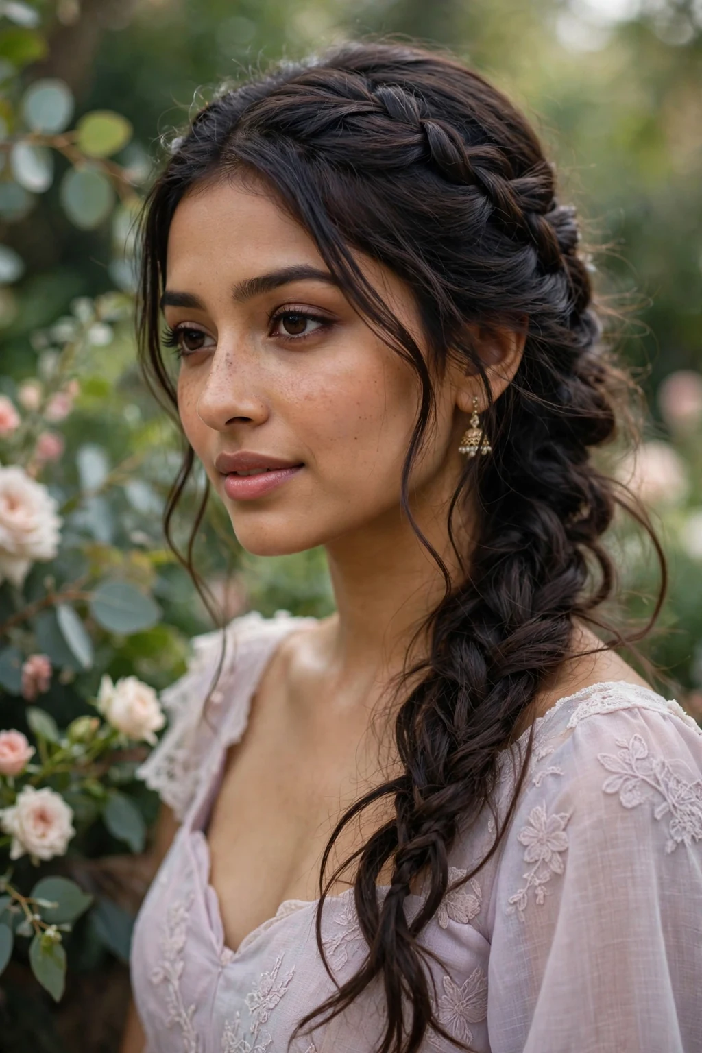 Beautiful woman with waterfall braid, romantic waterfall braid, dreamy light.