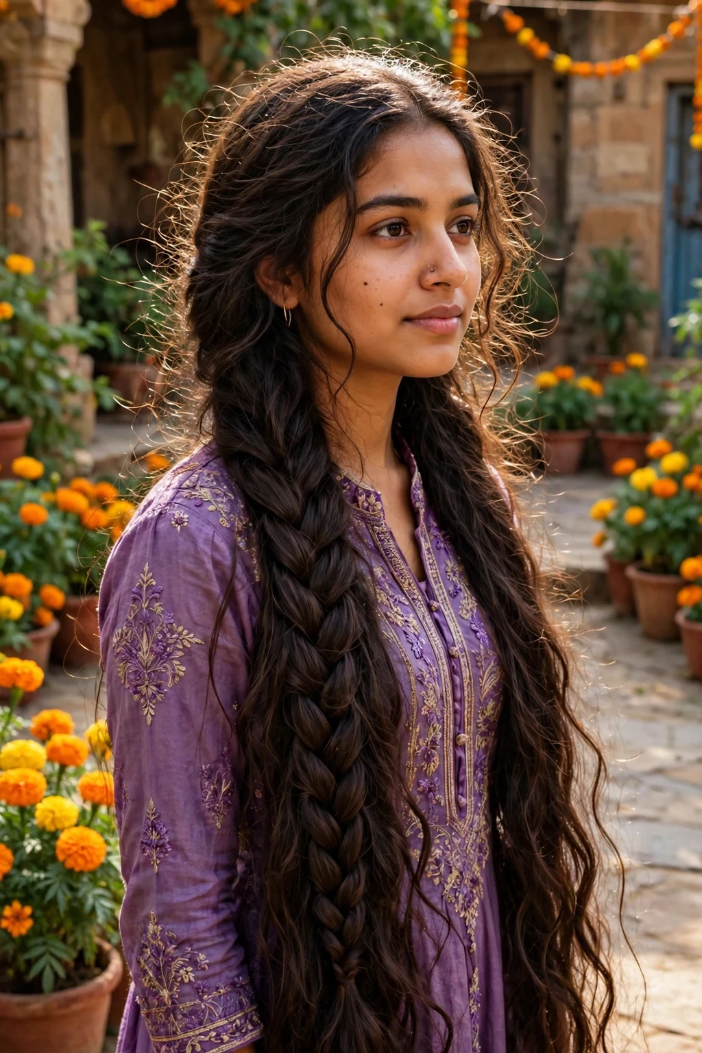 A young Indian woman in her mid 20s with very long dark brown hair in a waterfall braid, wearing a purple embroidered kurta in a marigold courtyard.