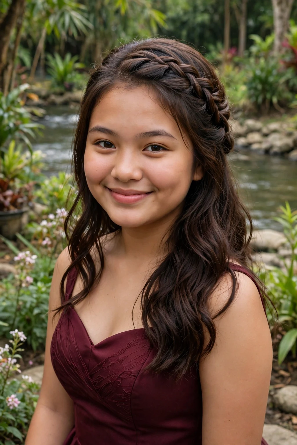 Young woman aged 19 with waterfall braid half up prom hairstyle for medium length hair, elegant formal look.