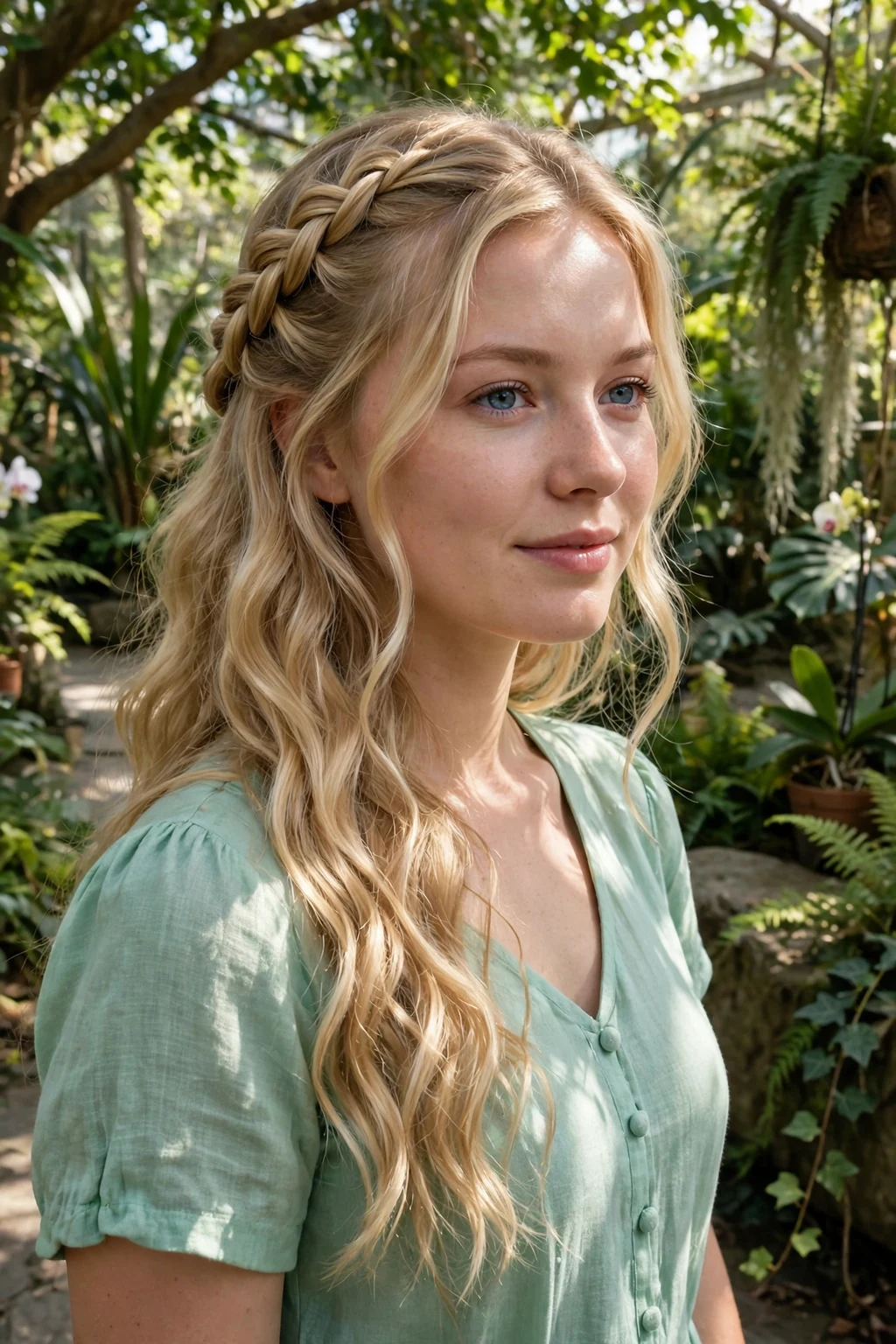 Young woman with a waterfall braid half-up hairstyle at a wedding, wearing a mint green dress.